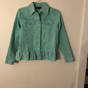 DG2 Diane Gilman green Jacket with ruffle bottom. Sz XS